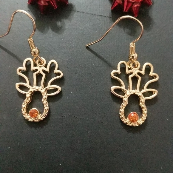 𝅺RHINESTONE Christmas Tree, Holiday Bow, Reindeer Gold Tone Earrings - Set of 3 - Picture 4 of 4